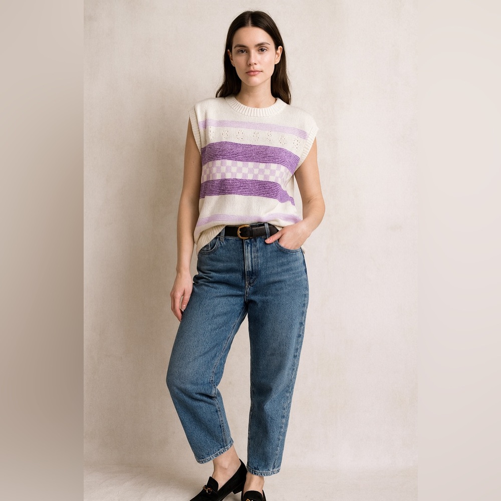 Vintage Centennial Knits USA Cream Lavender Striped Sweater Vest NWT USA Tags OG